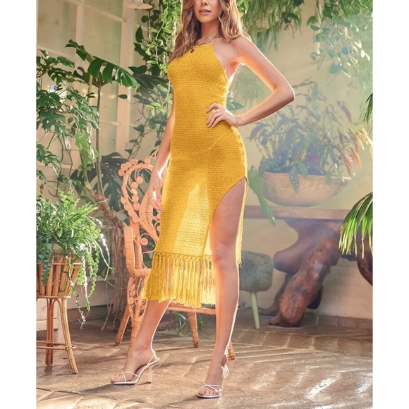 Aliyah Tied Backless Split Thigh Fringe Hem Halter Dress - Picture 4 of 6